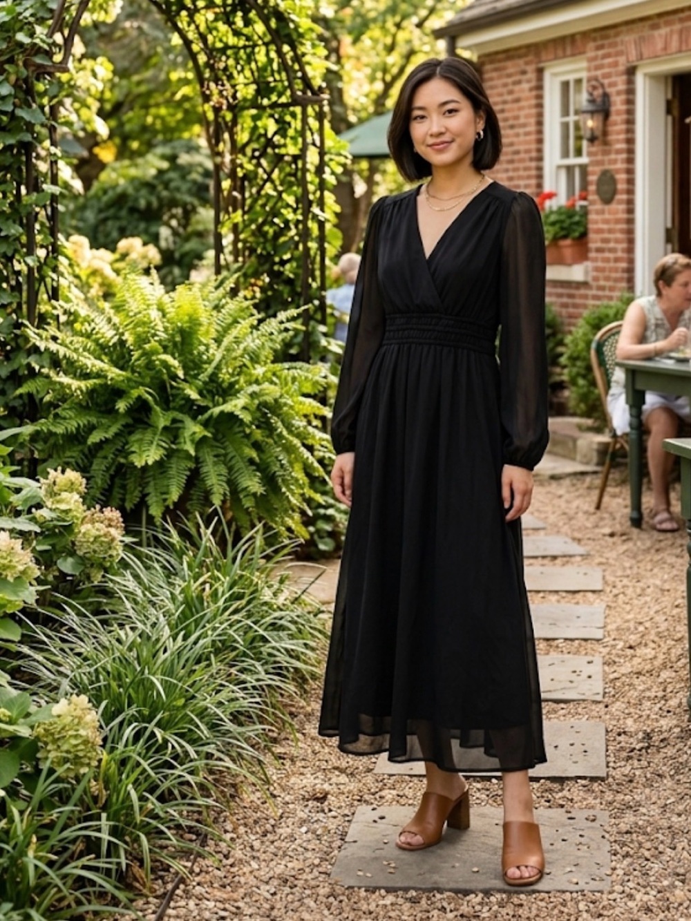 (3/25$) Black Long Sleeve V-Neck Midi Dress